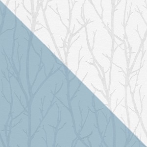 Weiße, matte Vliestapete mit grafischem Baum-Muster zum Überstreichen.