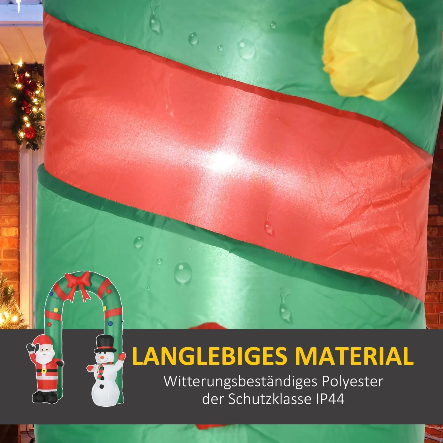Wetterbeständiges Polyester der aufblasbaren Weihnachtsdeko mit Weihnachtsmann und Schneemann. Grüne und rote Oberfläche mit Wassertropfen.