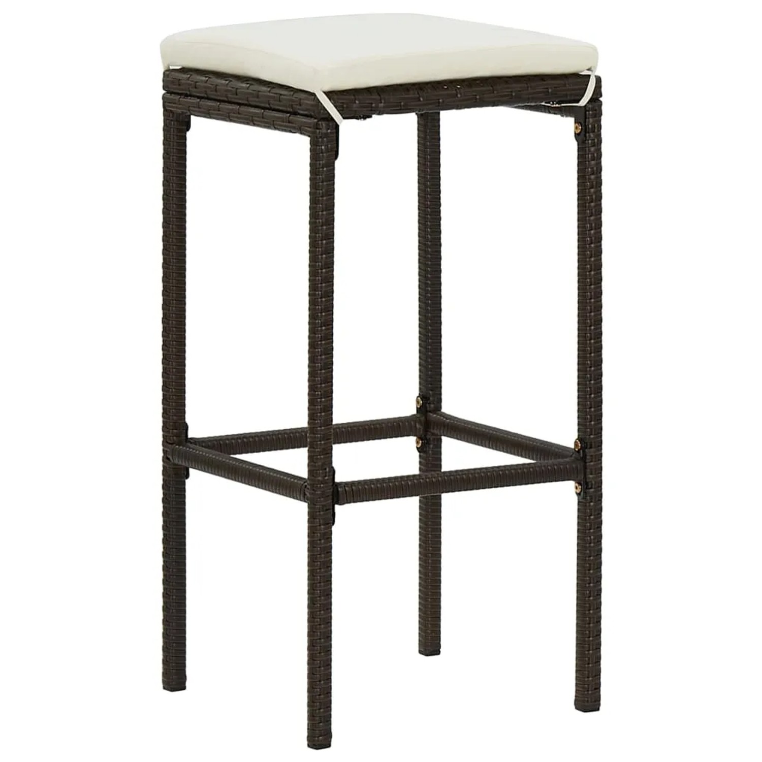 Barhocker aus braunem Rattan mit cremefarbenem Kissen, Teil des vidaXL Gartenbar-Sets.