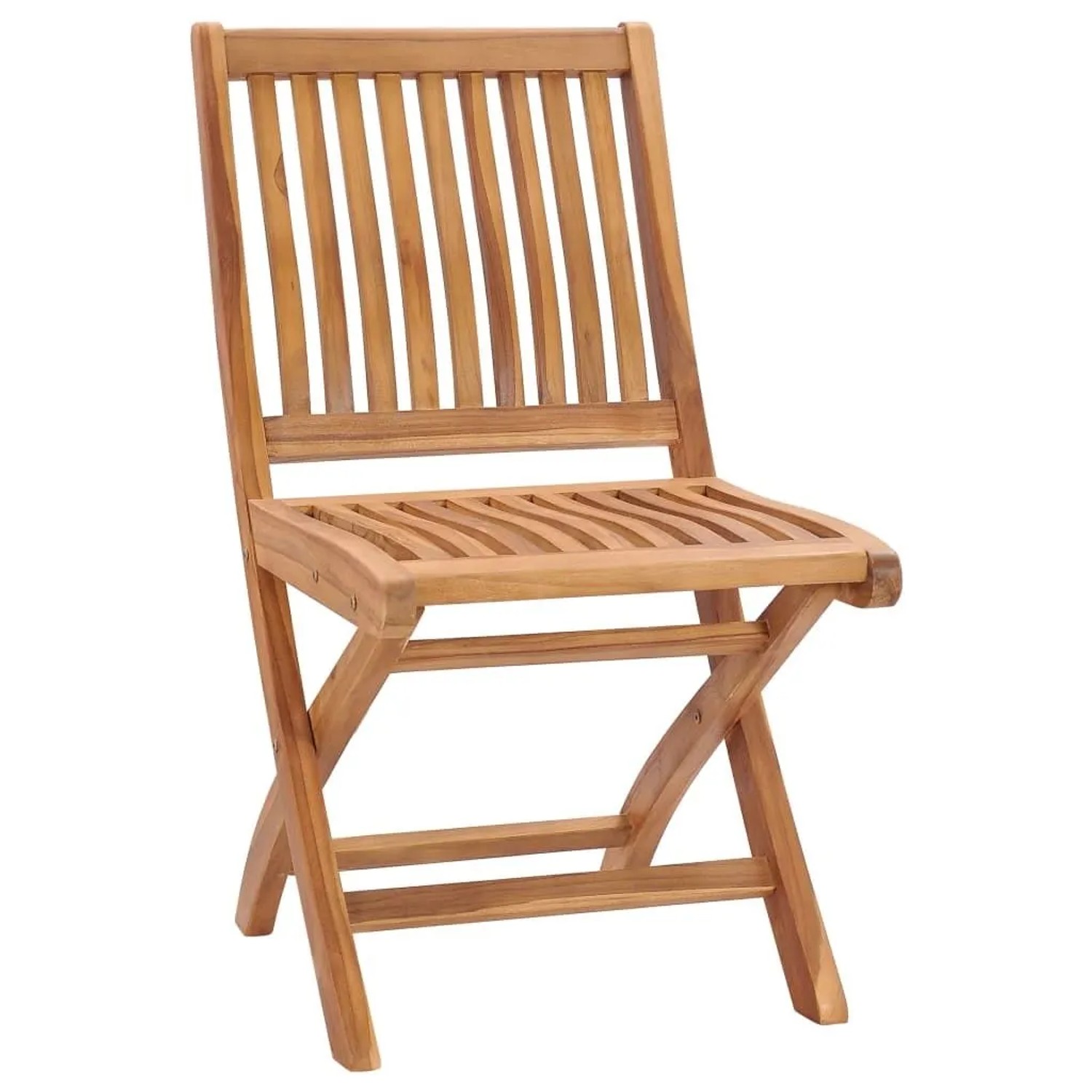 Klappbarer Gartenstuhl aus hellem Teakholz mit Lattenrost-Sitz und Rückenlehne, für Terrasse und Balkon.