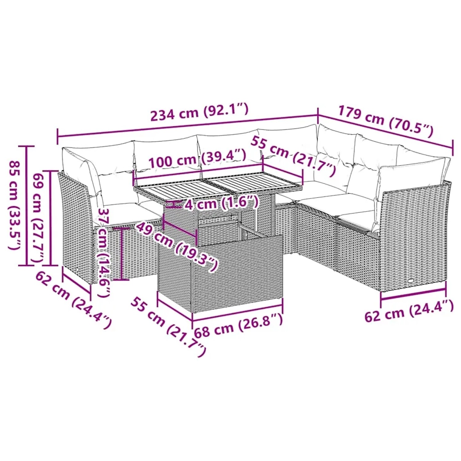Beige 7-tlg. Garten-Sofagarnitur aus Rattan mit Tisch und hellgrauen Kissen. Abmessungen sind eingezeichnet.