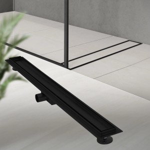 Schwarze LuxeBath Duschrinne, 90 cm, befliesbar, Edelstahl, extra flach.