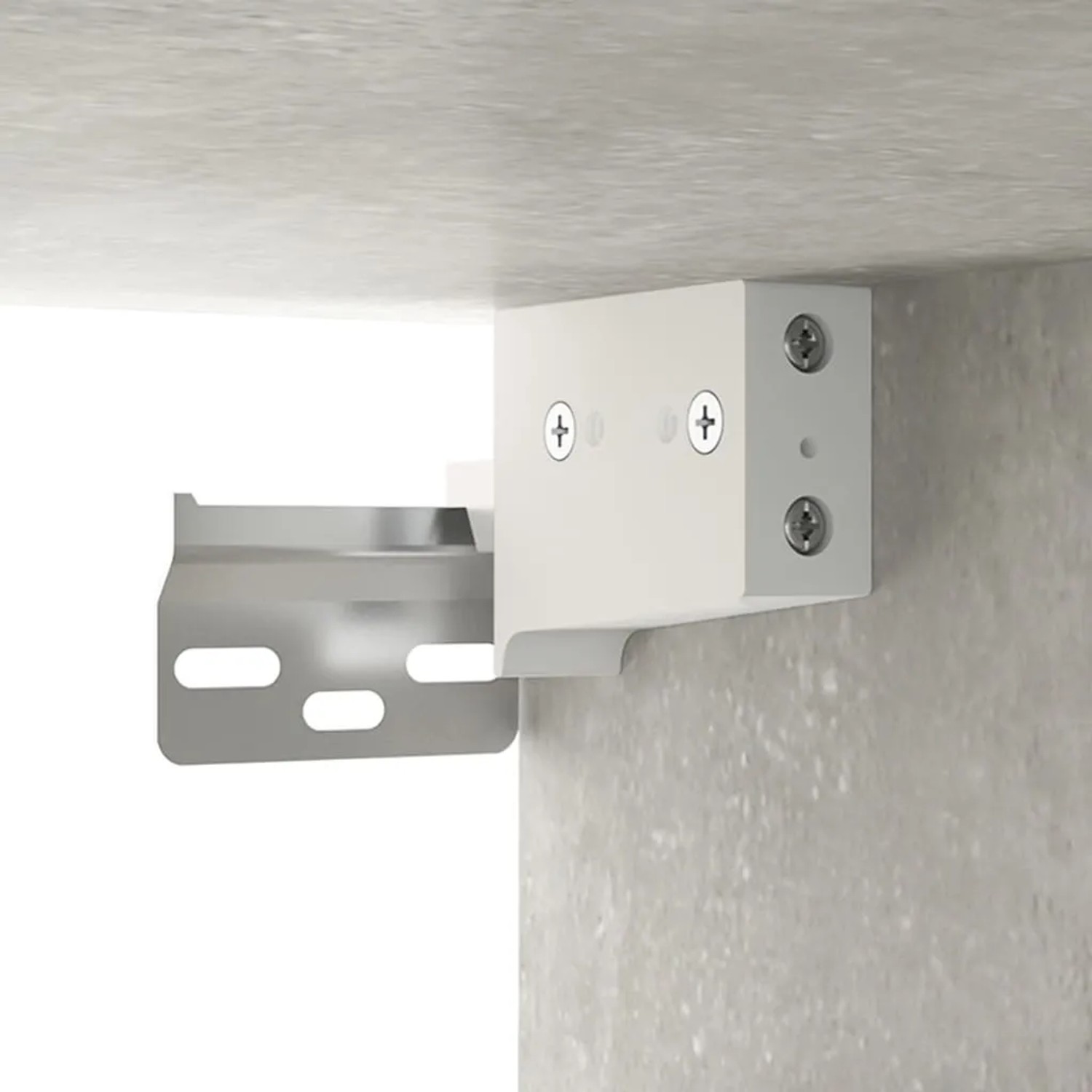 Detailaufnahme Wandschrank-Montage: Betongrauer Büroschrank aus Holzwerkstoff, Wandbefestigung.