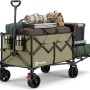 Sekey Bollerwagen, olivgrün, mit Heckklappe, beladen mit Campingausrüstung.