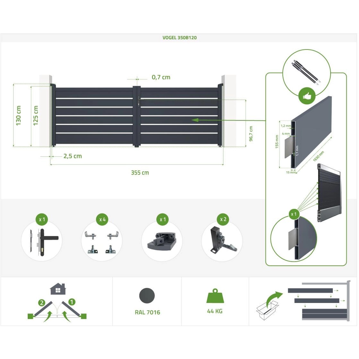 Casanoov Flügeltor elektrisch, 3,5 m breit, Vogel Design, inkl. Drehtorantrieb Ranger B150.