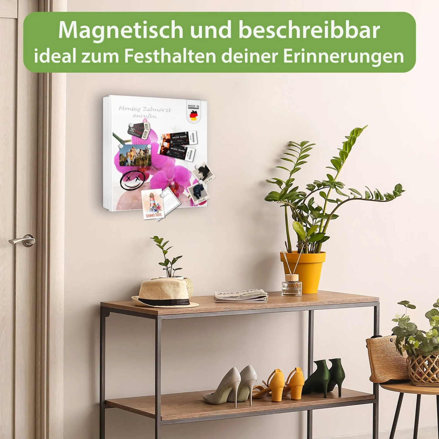 Banjado Großer Schlüsselkasten Metall 30x30cm Weiß Scharnier Links 50 Haken Beschreibbar Magnetisch Motiv Orchidee