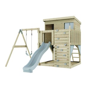 PolarPlay Spielturm Tjorven mit Schaukel und Rutsche. Holz natur, Schaukel eisblau.