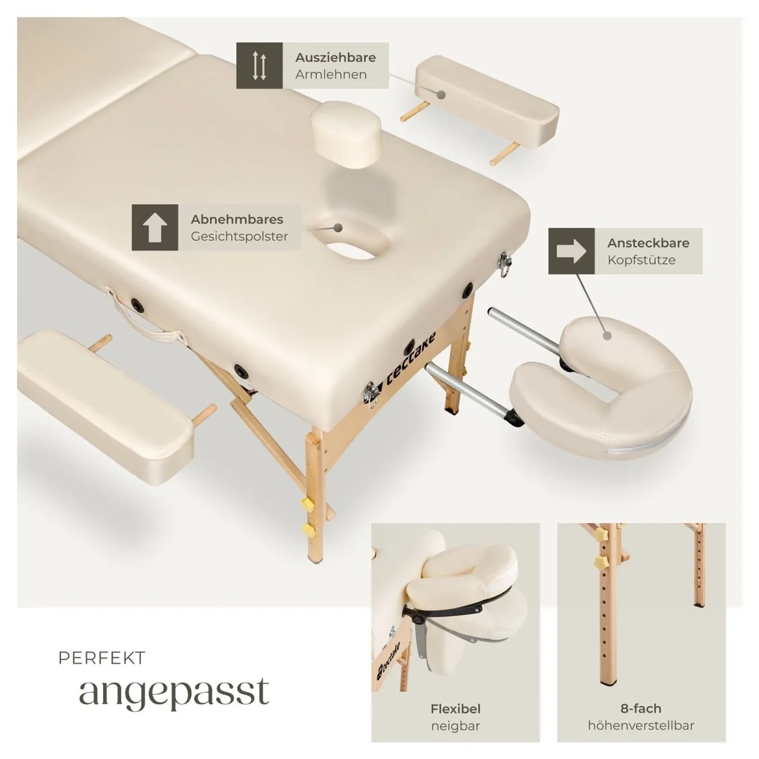 Beige Massageliege von Tectake mit Zubehör: Kopfstütze, Armlehnen, Lagerungsrollen und Tragetasche.