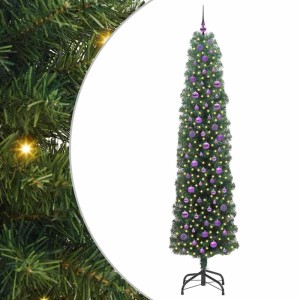 Schlanker, grüner, künstlicher Weihnachtsbaum (240 cm) mit LED-Lichtern und lila Kugeln von vidaXL.