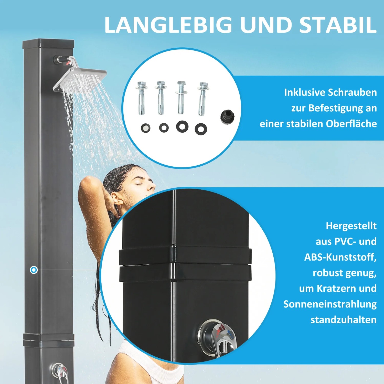 Outsunny Solardusche aus Zinklegierung, schwarz, mit Schrauben zur Montage und Duschkopf mit Wasser.