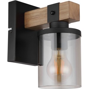 Moderne Globo Wandlampe mit Holzdetail und rauchfarbenem Glas, schwarz matt.