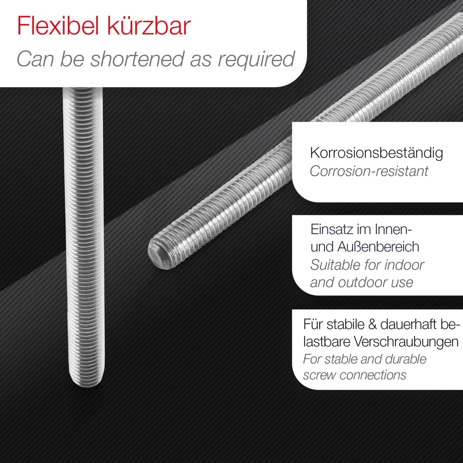 Zwei silberne SOTECH Gewindestangen M5x1000mm aus Edelstahl A2 mit Vollgewinde. Korrosionsbeständig, kürzbar, für Innen- & Außenbereich.