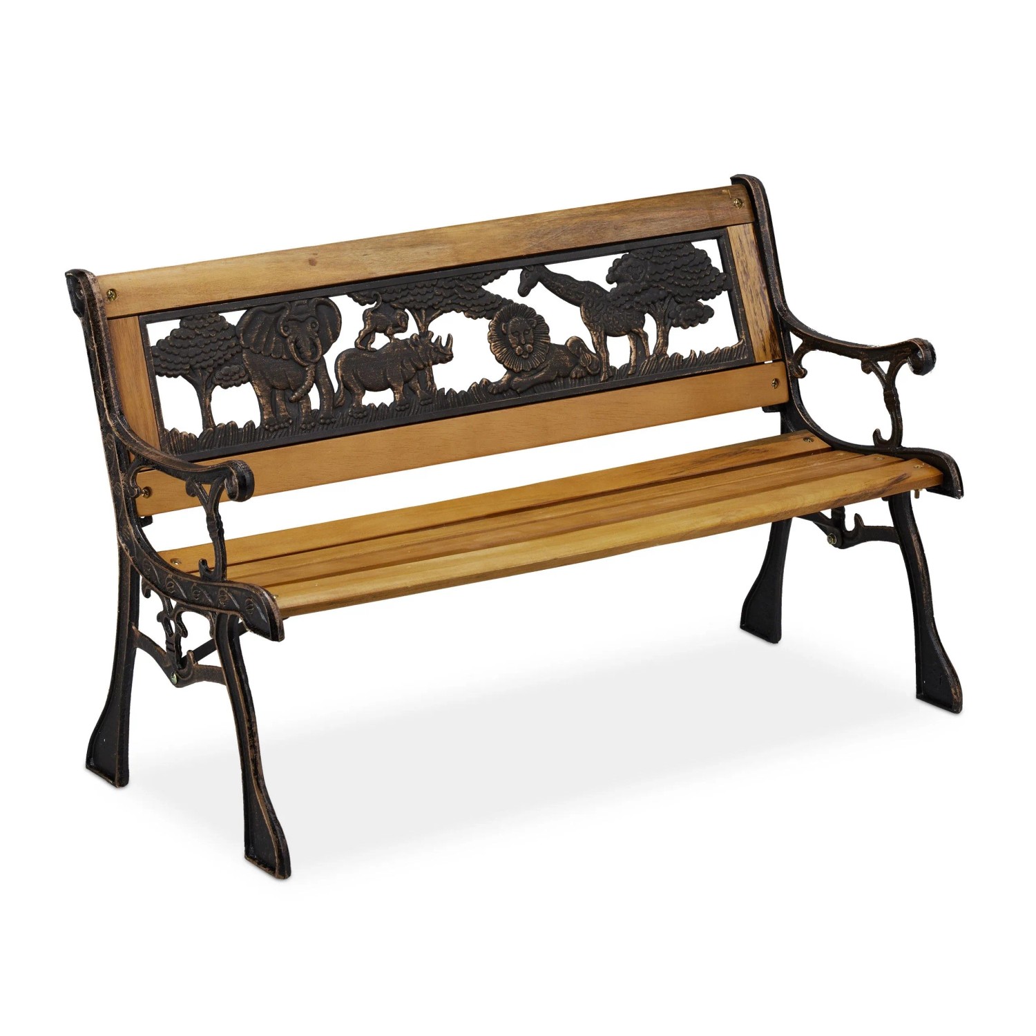 Relaxdays Kinder Gartenbank Holz Gusseisen PVC Natur Schwarzbronze mit Tiermotiv 51 cm x 83 cm x 37 cm 6,6 kg