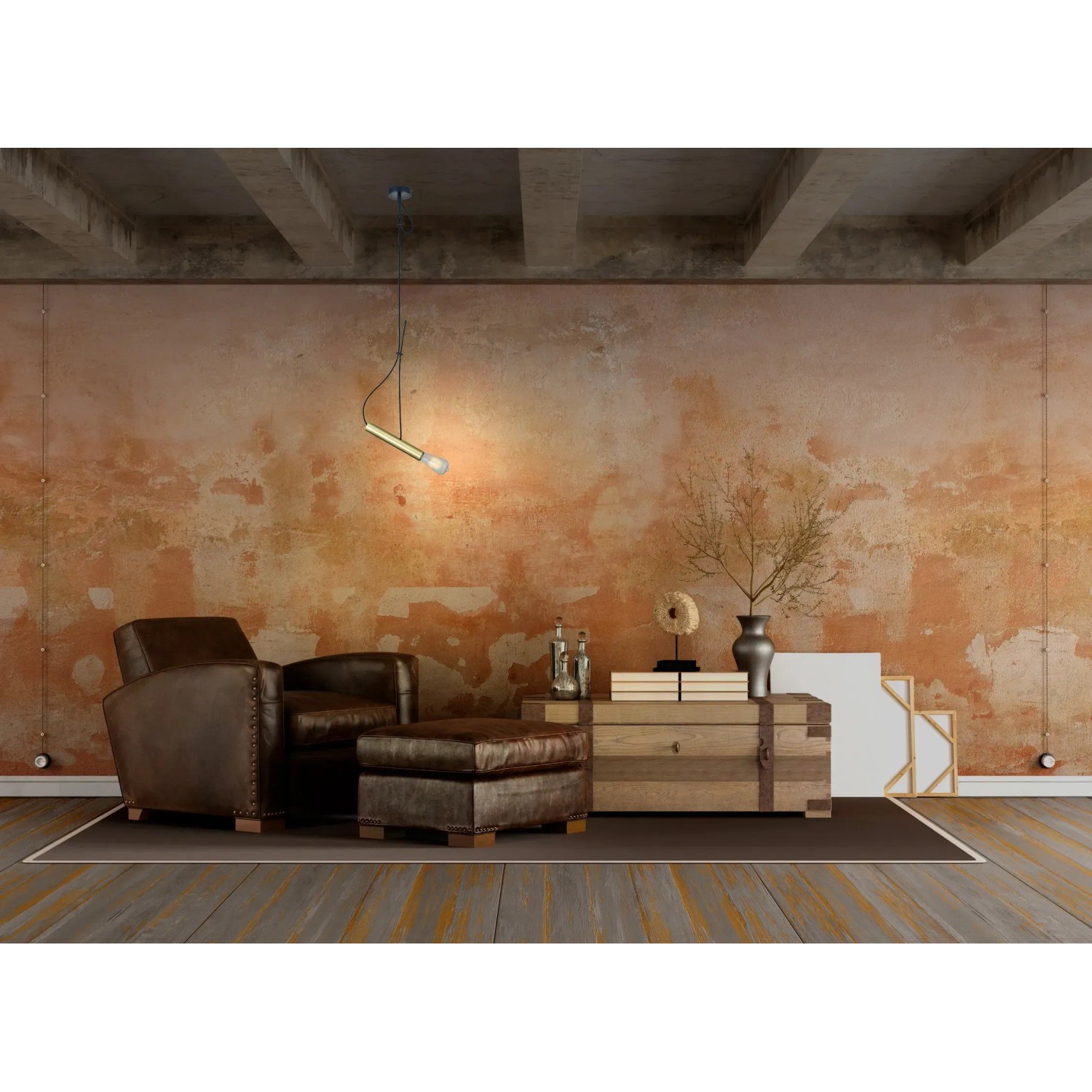 Goldene Näve Pendelleuchte Corbatin mit Textilkabel im Industrial Style über Sessel.