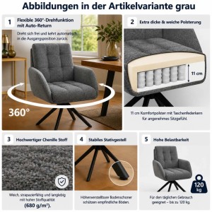 Grauer Esszimmerstuhl Q36 mit Armlehnen, 360° drehbar, Auto-Return, Chenille-Stoff, Stativgestell.