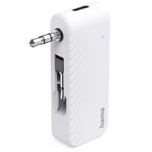Weißer Hama Bluetooth Audio Transmitter für Flugzeuge mit AUX-Anschluss und USB-C Ladebuchse.