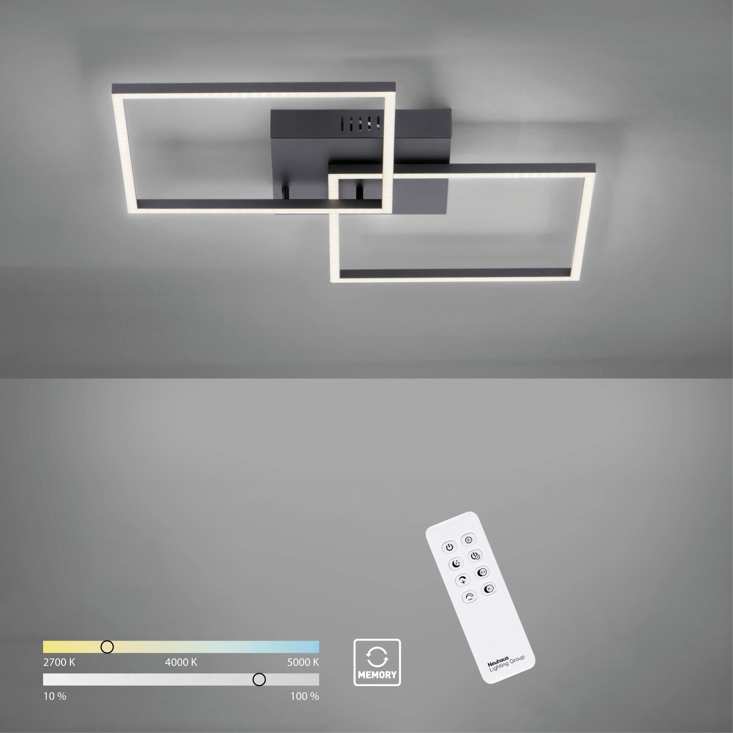 Moderne, schwarze LED-Deckenleuchte Iven (53x53 cm) mit Fernbedienung zur Lichtsteuerung.
