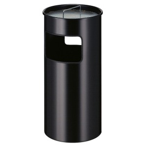 Schwarzer, runder PROREGAL Kombiascher mit Löschsand und Sieb, 50 Liter, aus Metall.