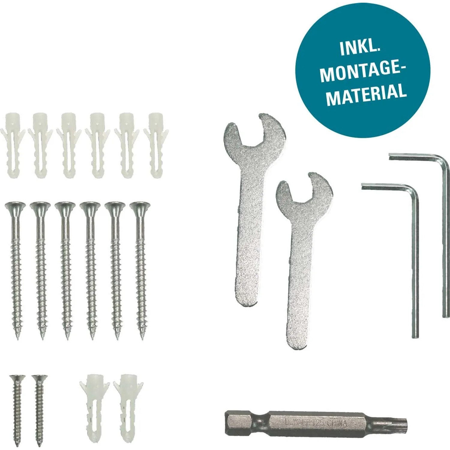 Montagematerial für Novadoors Holzschiebetür-Set Ontario Bianco, inklusive Schrauben, Dübel, Schraubenschlüssel und Bit.