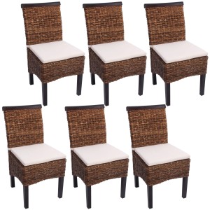 6er-Set Esszimmerstühle Acireale, dunkles Bananengeflecht, Kissen, Holzbeine. Polsterstühle für Esszimmer.