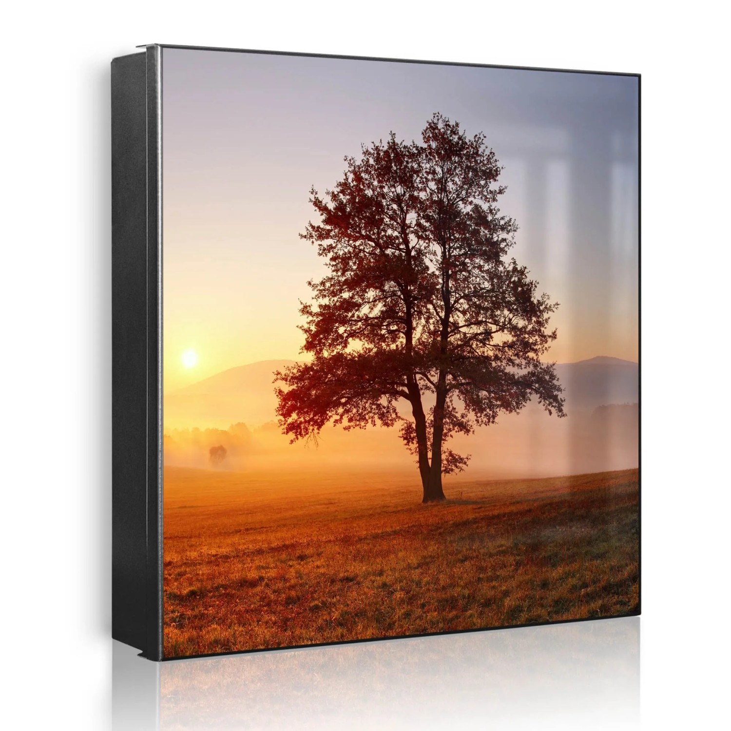 Banjado Großer Schlüsselkasten Metall 30x30cm Schwarz Scharnier Rechts 32 Haken Beschreibbar Magnetisch Motiv Sonnenaufgang
