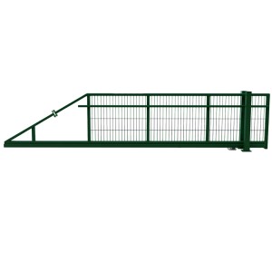 Moosgrünes, elektrisches Schiebetor (Laufrichtung links) mit Doppelstabmattenfüllung. Gartentor, 300x80 cm.