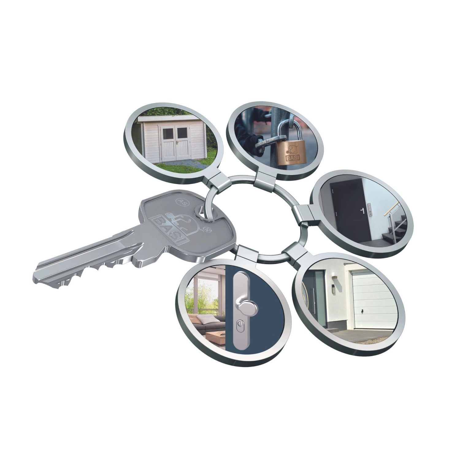 Basi AS Ersatzschlüssel für Profilzylinder, gleichschließend. Schlüsselanhänger zeigt Anwendungsbeispiele.