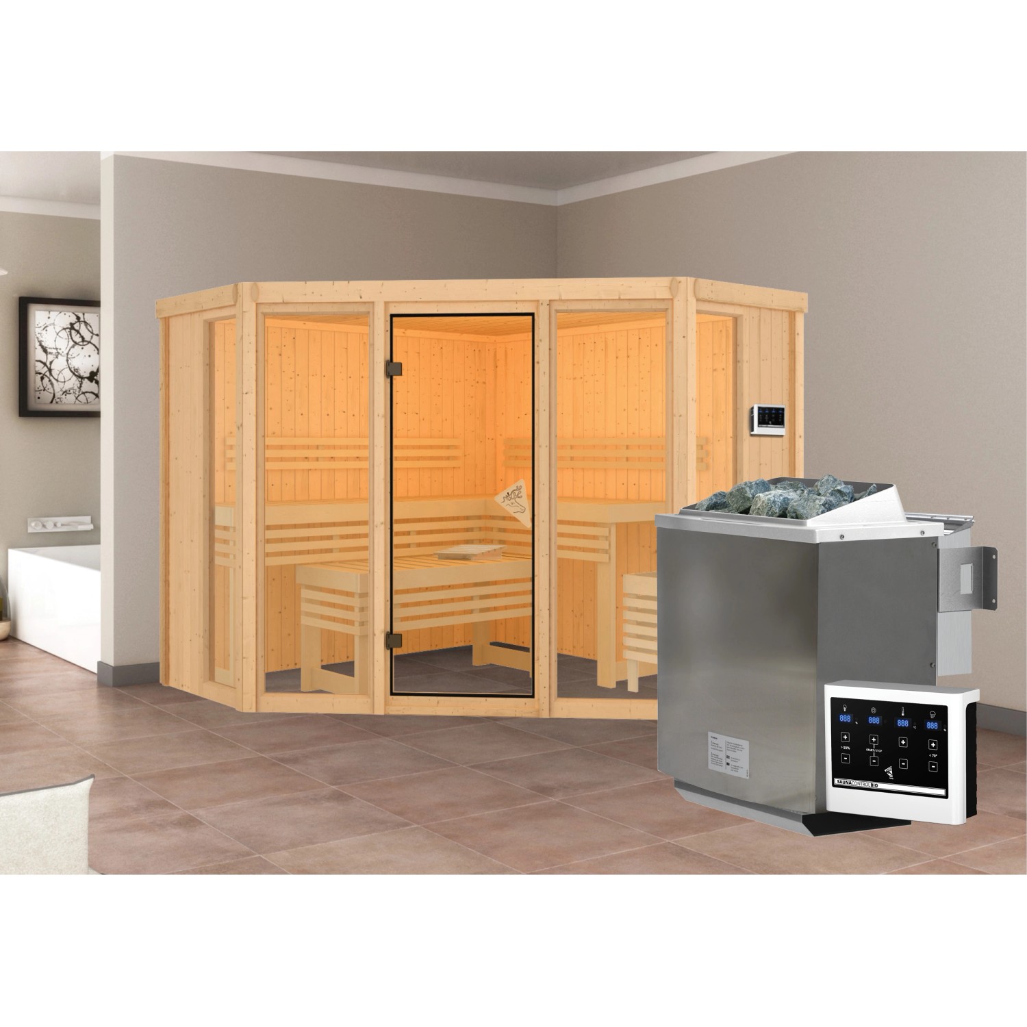 Karibu Sauna Anea 2 mit Bio-Ofen externe Stg.Natur