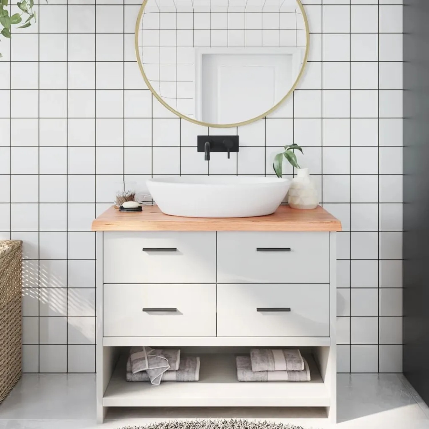 Hellbraune vidaXL Waschtischplatte aus Massivholz (100x60cm) mit Naturkante im Badezimmer.