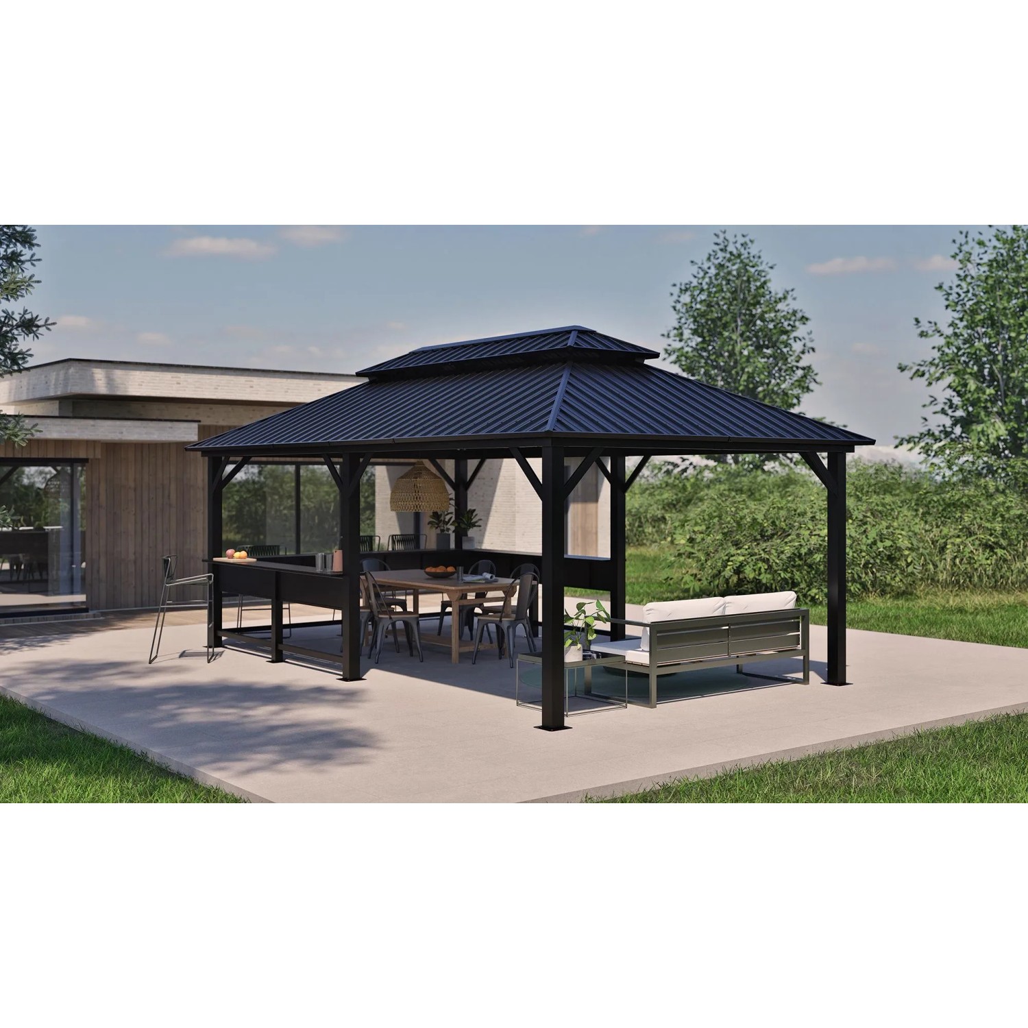 Schwarzer Sojag Pavillon Bondi 1220 mit Doppeldach, Ablagefläche und Sitzgruppe.