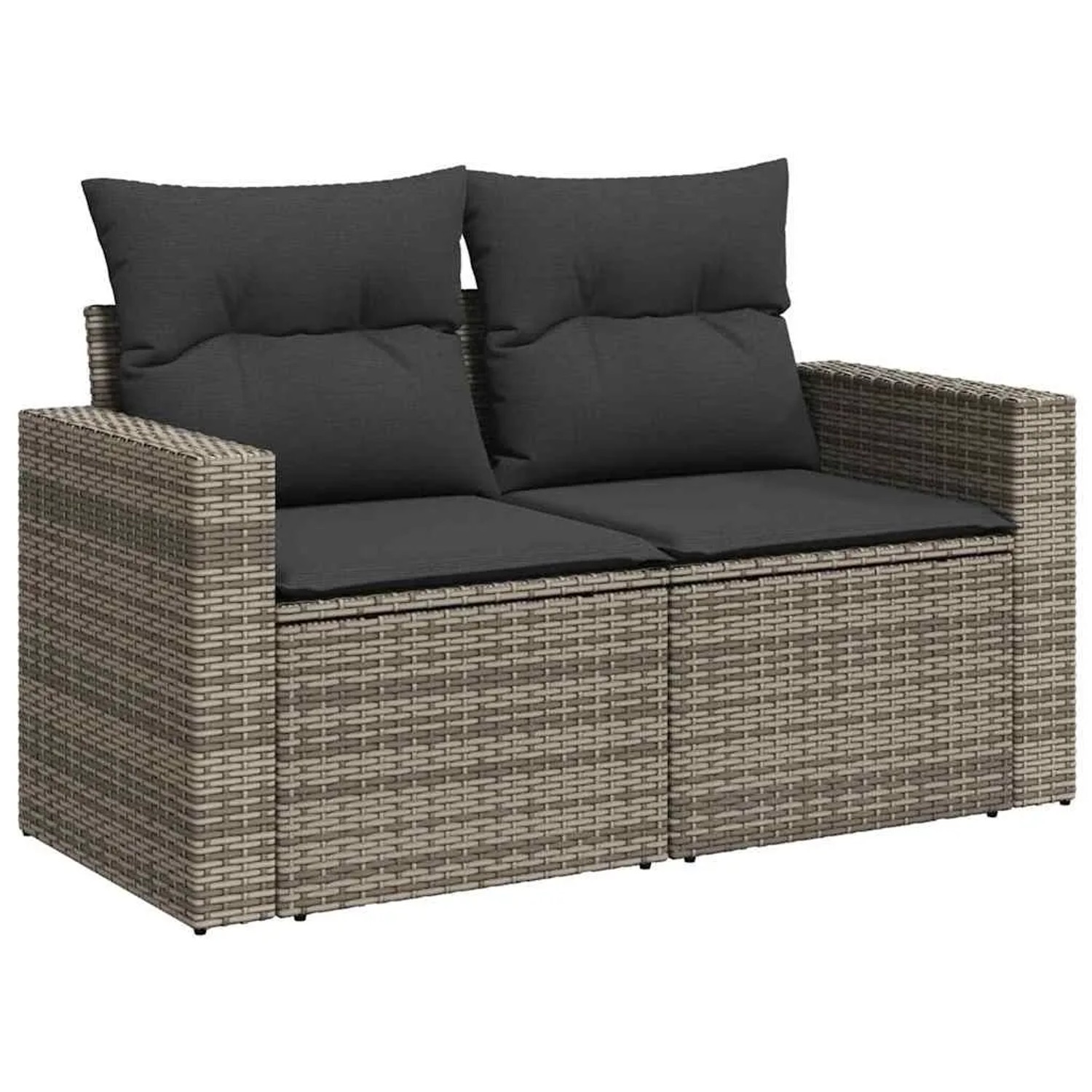Graues vidaXL Garten-Sofa-Set aus Polyrattan mit grauen Kissen für 2 Personen.