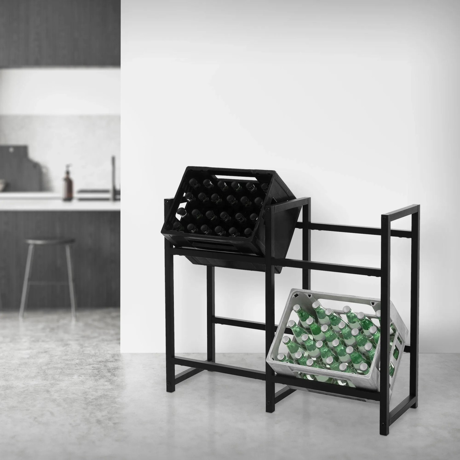ML-Design Getränkekistenregal für 4 Kisten aus Stahl, freistehend im modernen Design.