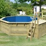 Karibu Holzpool Set mit Sonnenterrasse, Leiter und Filteranlage im Garten.