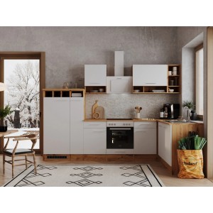 Respekta Winkelküche in Weiß und Wildeiche Nachbildung mit E-Geräten und viel Stauraum.