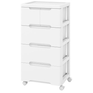 Weißer, vertikaler Nischenschrank mit 5 Schubladen und Rollen, ideal als Bürocontainer aus PP-Material.