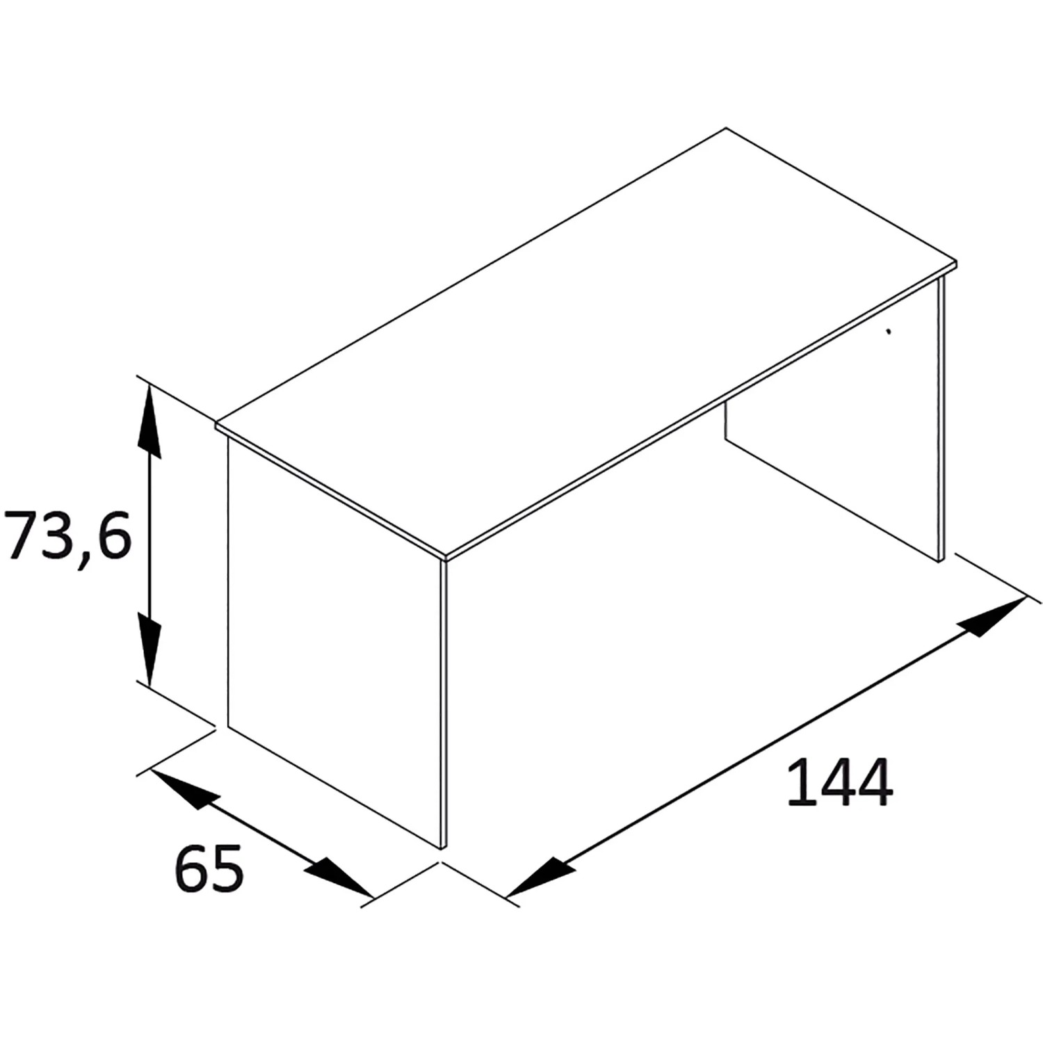 Technische Zeichnung des Schildmeyer Schreibtisch Metz mit Maßen: 144x65x73,6 cm. Bürotisch mit Wangengestell.