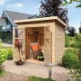 Unbehandeltes Karibu Holz-Gartenhaus Vellinge (208x150cm) mit Gartengeräten im offenen Zustand.