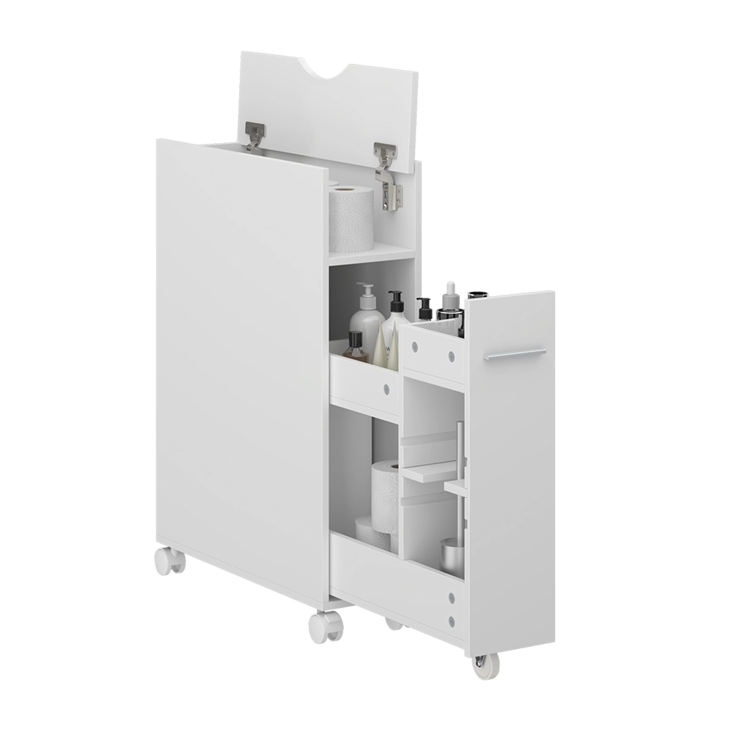 Vicco Toilettenschrank Niva, weiß, 18x71 cm, mit Ausziehfach für Badutensilien und Toilettenpapier.