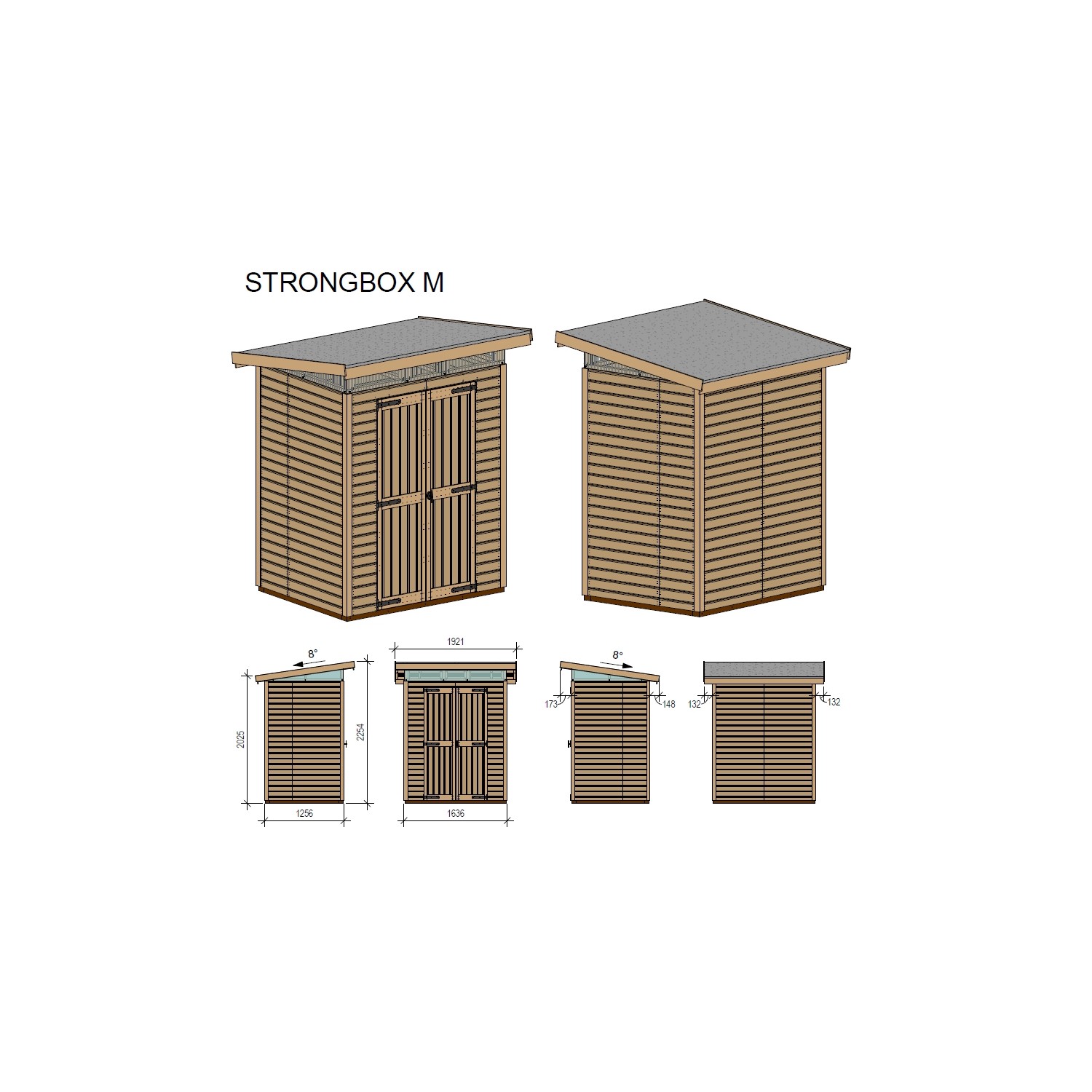 Upyard Gartenhaus Strongbox M, Holz, 163x127cm, mit Fundament. Technische Zeichnung des Gerätehauses.