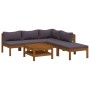 6-tlg. Garten-Lounge-Set aus Akazienholz mit dunkelgrauen Auflagen und Tisch.