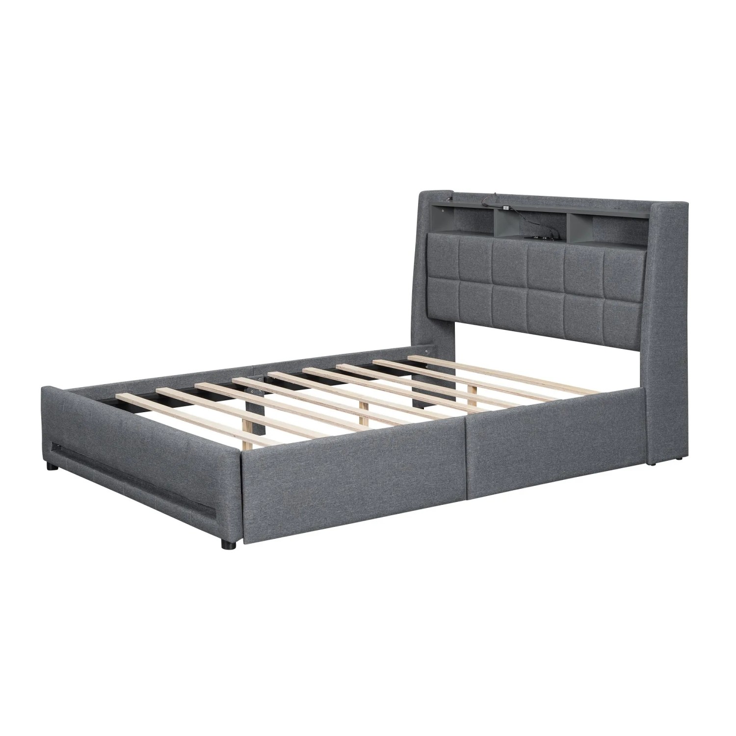 okwish Polsterbett 140x200cm mit LED Licht Schubladen USB Grau ohne Matratze