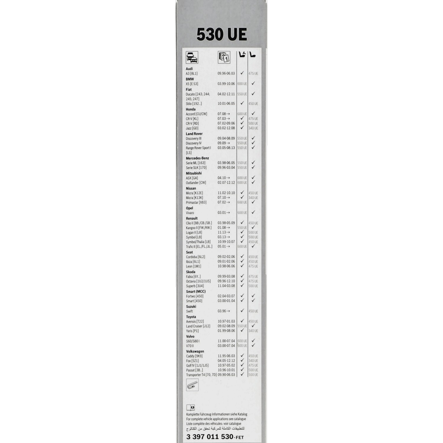 BOSCH ClassicWiper 530UE Wischblatt, Kompatibilitätsliste auf Verpackung.