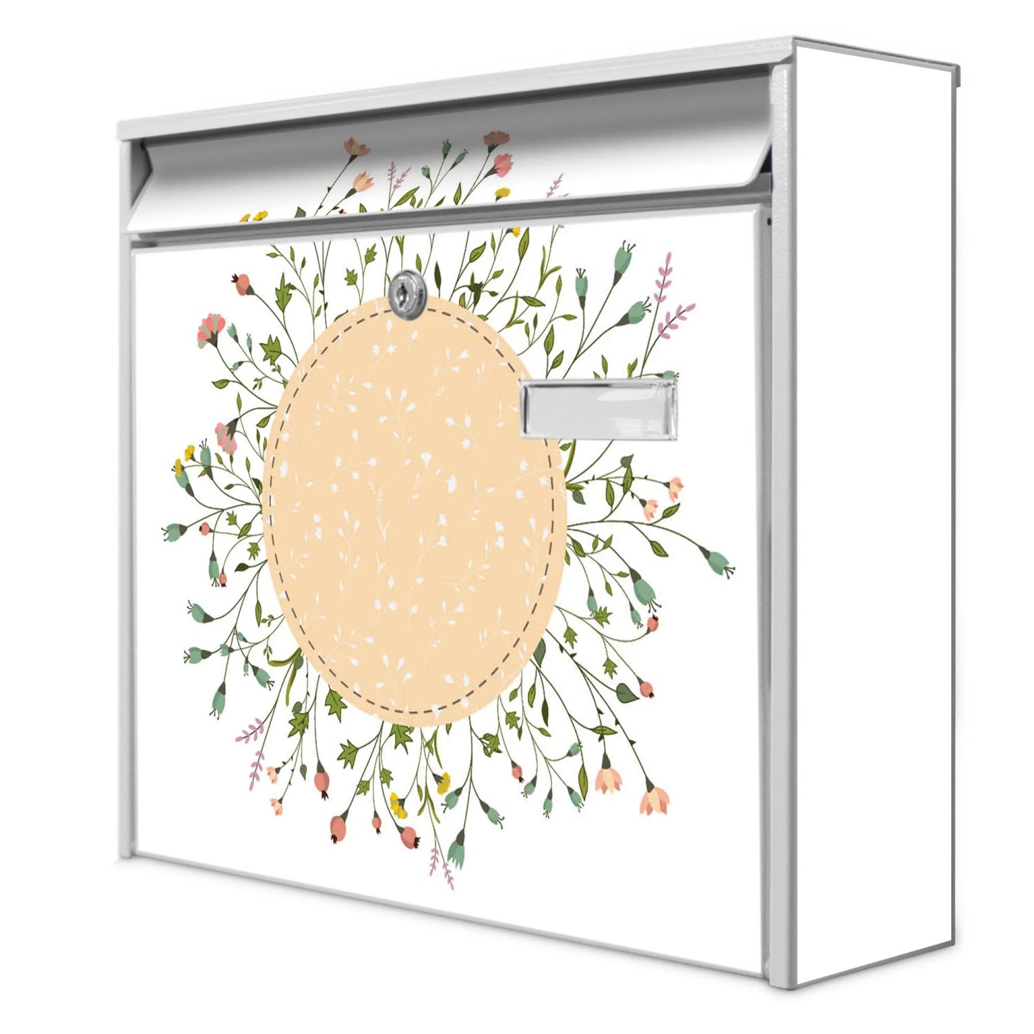 Banjado Briefkasten Weiß 36.2x32.2x10cm Groß / Inkl. Montagematerial & 2 Schlüsseln / Mit Namensschild Motiv Wt Blumenkranz