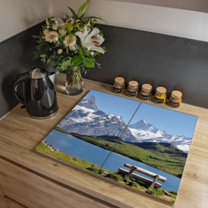 Banjado 2-teilige Herdabdeckplatte aus Glas mit Alpenmotiv, auch als Schneidebrett nutzbar.