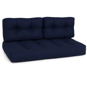 Dunkelblaues Beautissu Palettenkissen-Set mit Sitzkissen und 2 Rückenkissen. Komfortable Gartenstuhlauflage mit Heftungen.
