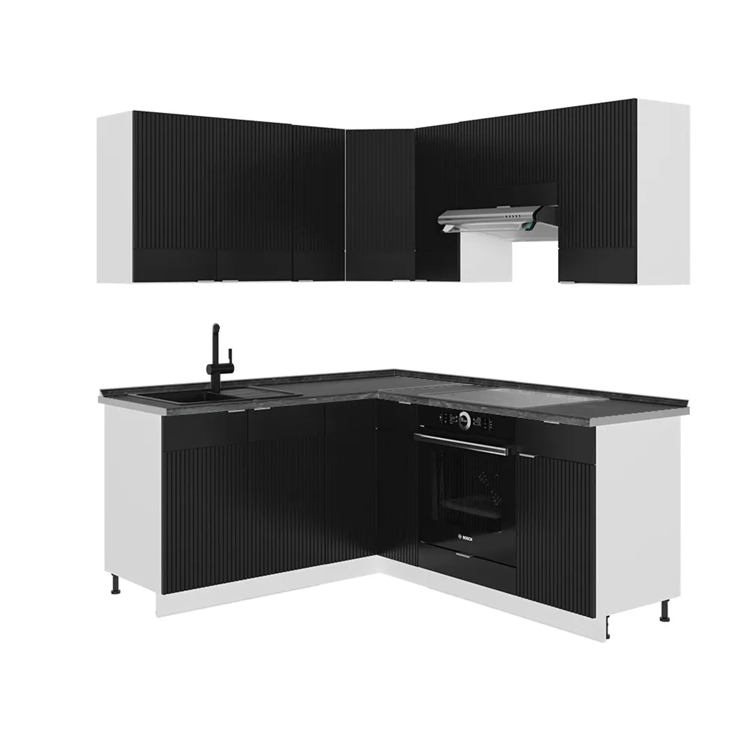 Vicco Fame-Line Eckküche Schwarz gestreift/Weiß 160 x 190 cm AP Anthrazit ohne E-Geräte