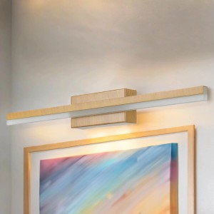LED Bad-Wandleuchte, Edelstahl und Holz, 50 cm breit, neutralweißes Licht.