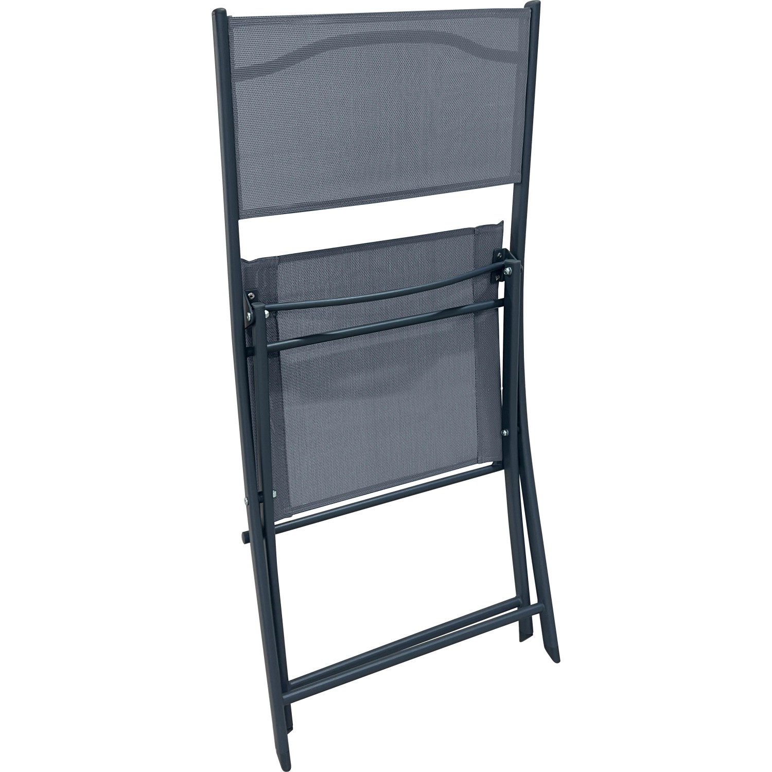 Zusammengeklappter Klappstuhl aus dem 3-teiligen Balkon-Set Rivadavia, Stahl Anthrazit.