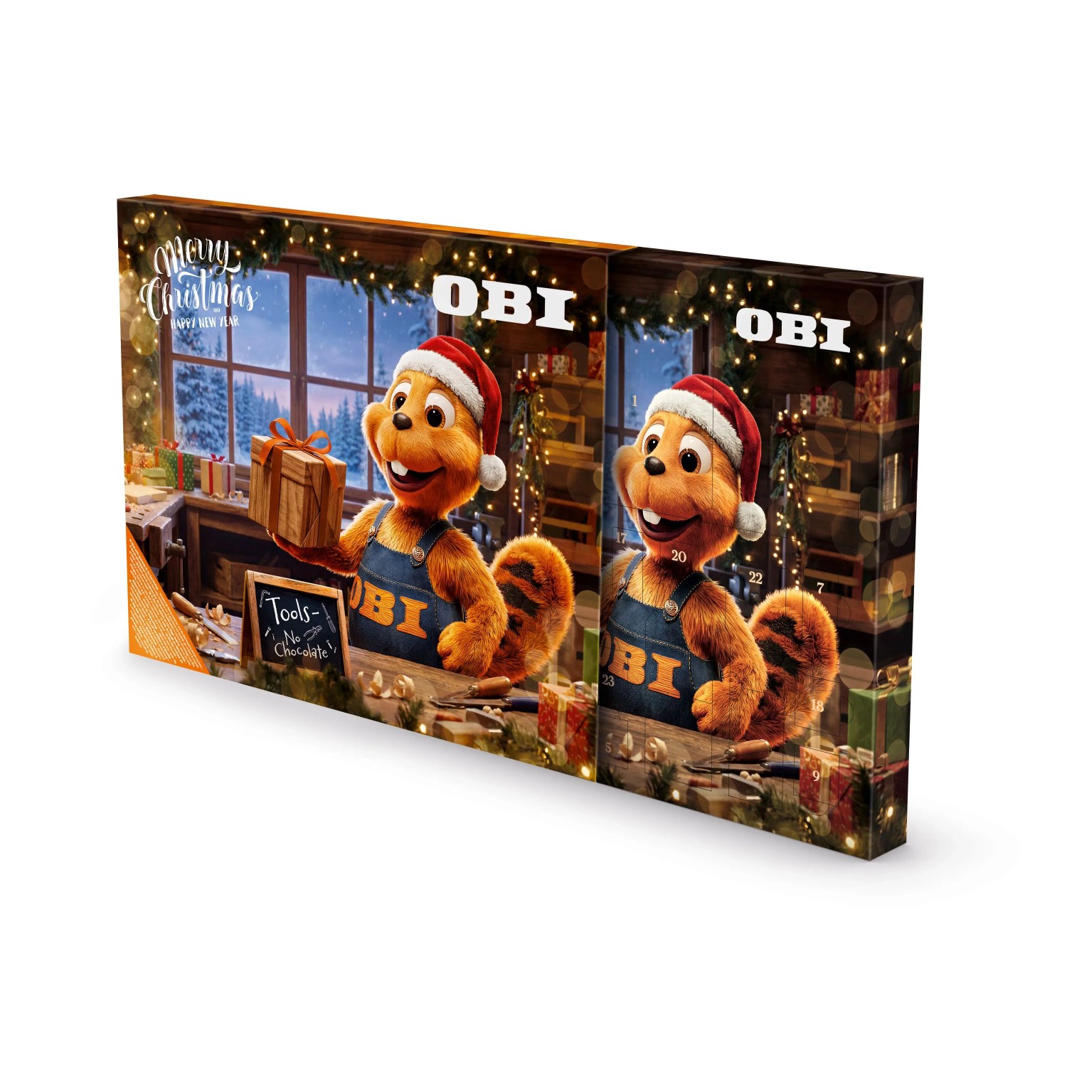 OBI Adventskalender 2026: Biber im Weihnachtshut hält Geschenk. 24 Werkzeug-Überraschungen für Heimwerker & Macher.