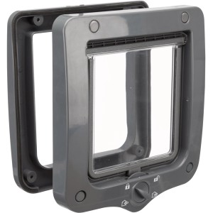 Graue Trixie Katzenklappe mit transparenter Tür und 4-Wege-Verschluss (20x22cm).